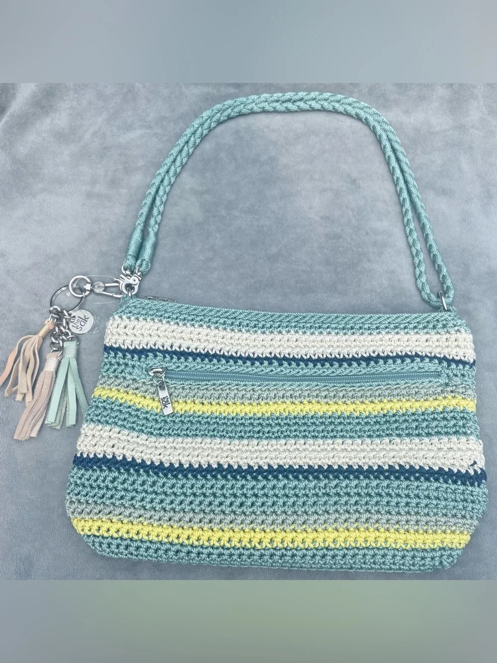The Sak Striped Crochet Shoulder Bag in Aqua, Navy, Cream & Yellow